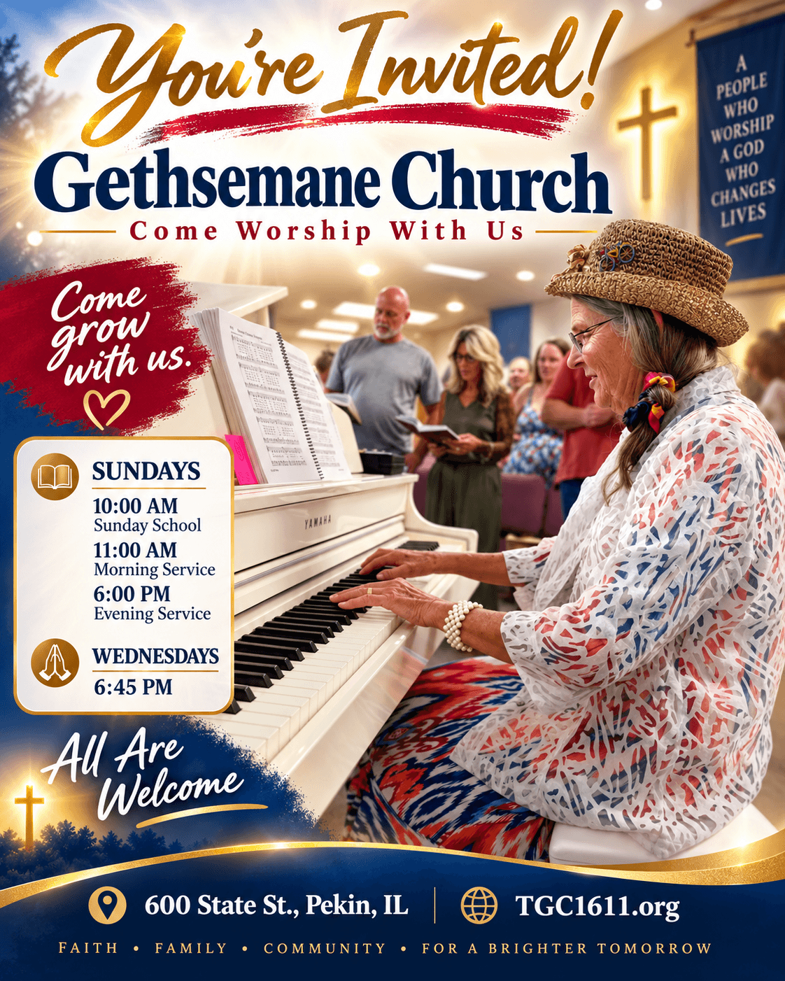 You're invited to Gethsemane Church in Pekin Illinois with Sunday and Wednesday service times