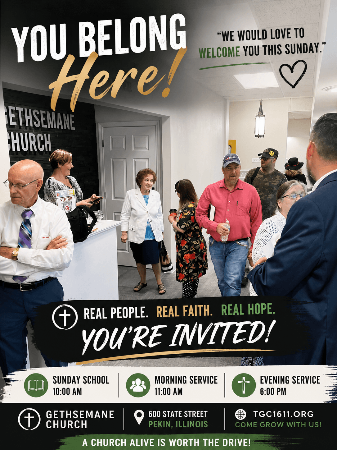 Gethsemane Church welcome center with church family welcoming visitors in Pekin Illinois