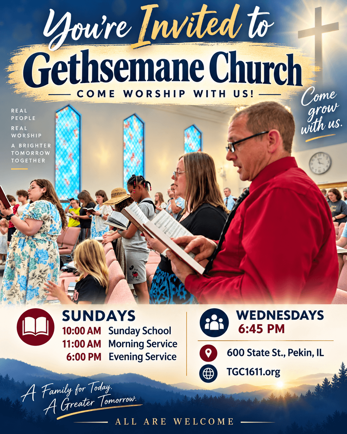 You're invited to Gethsemane Church in Pekin Illinois with Sunday and Wednesday service times