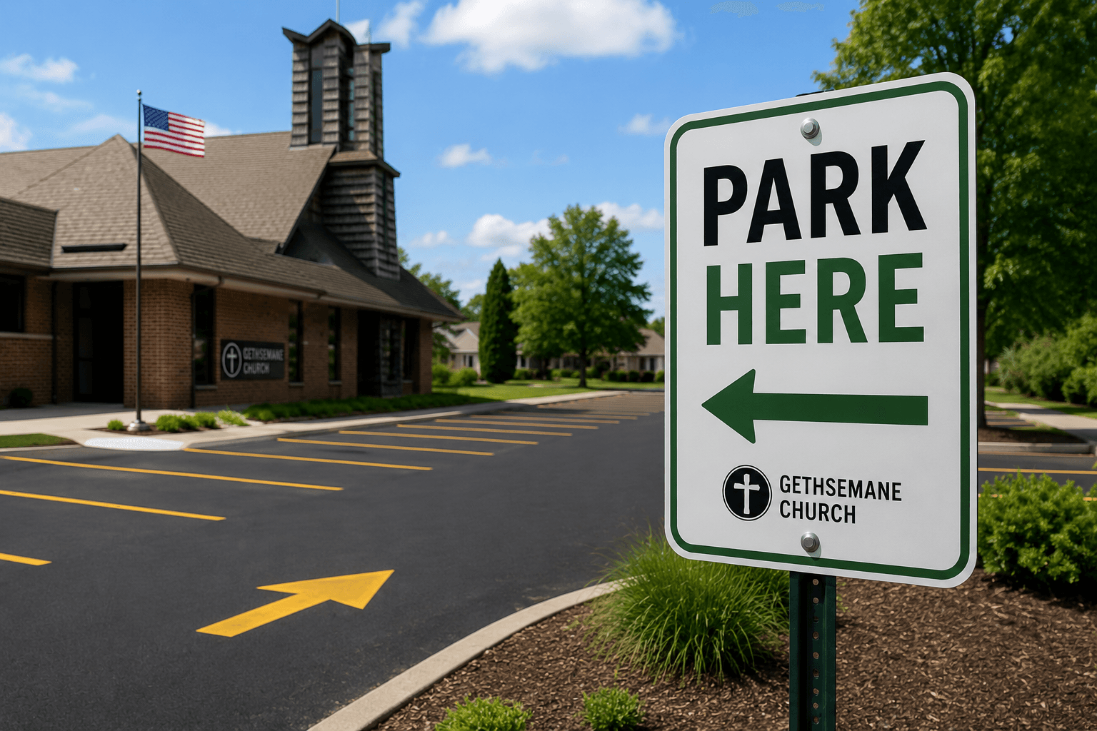 Parking area and Park Here sign for visitors to Gethsemane Church at 600 State Street in Pekin Illinois