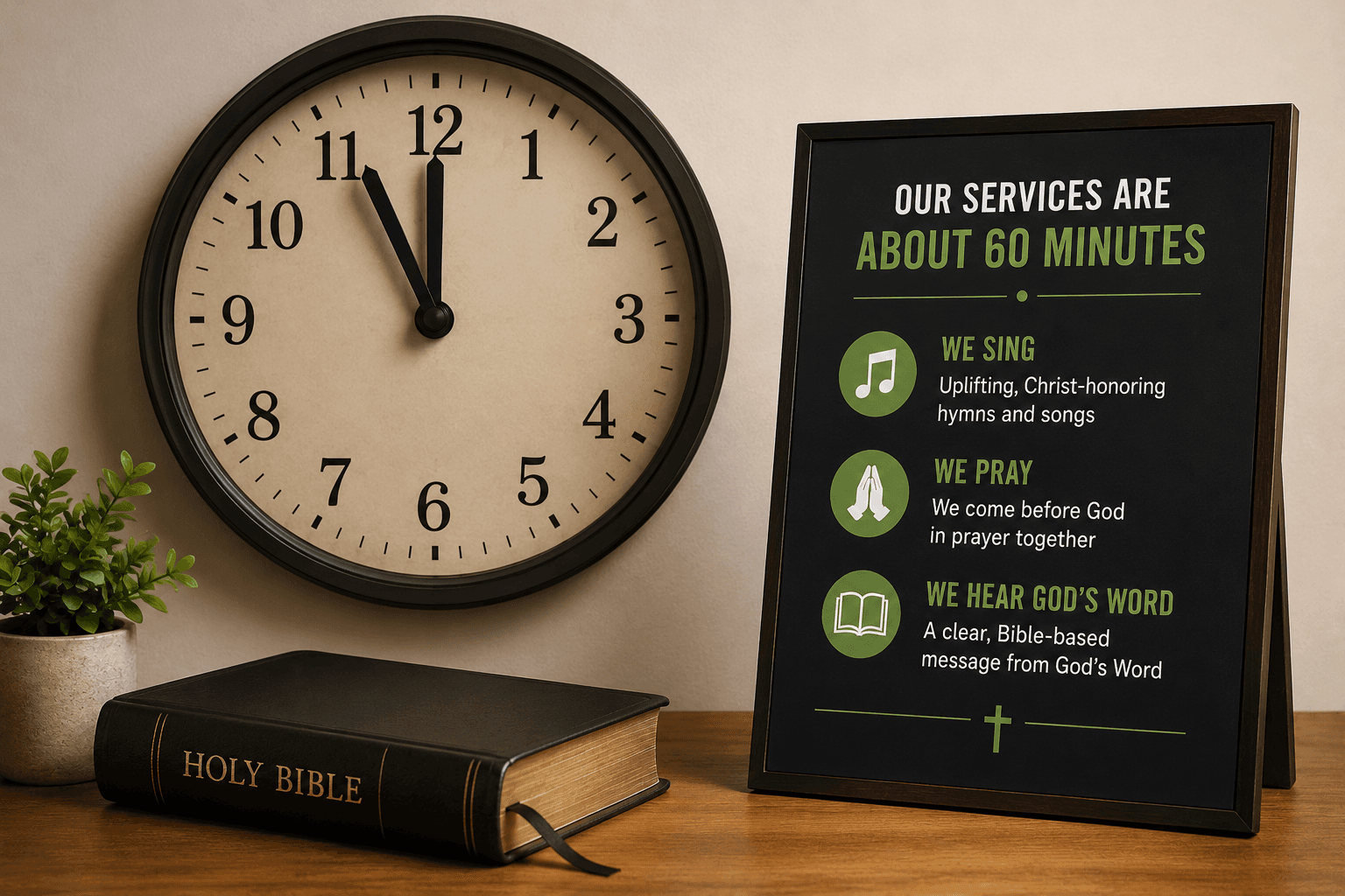 Church service clock and Bible illustration explaining service length at Gethsemane Church in Pekin Illinois