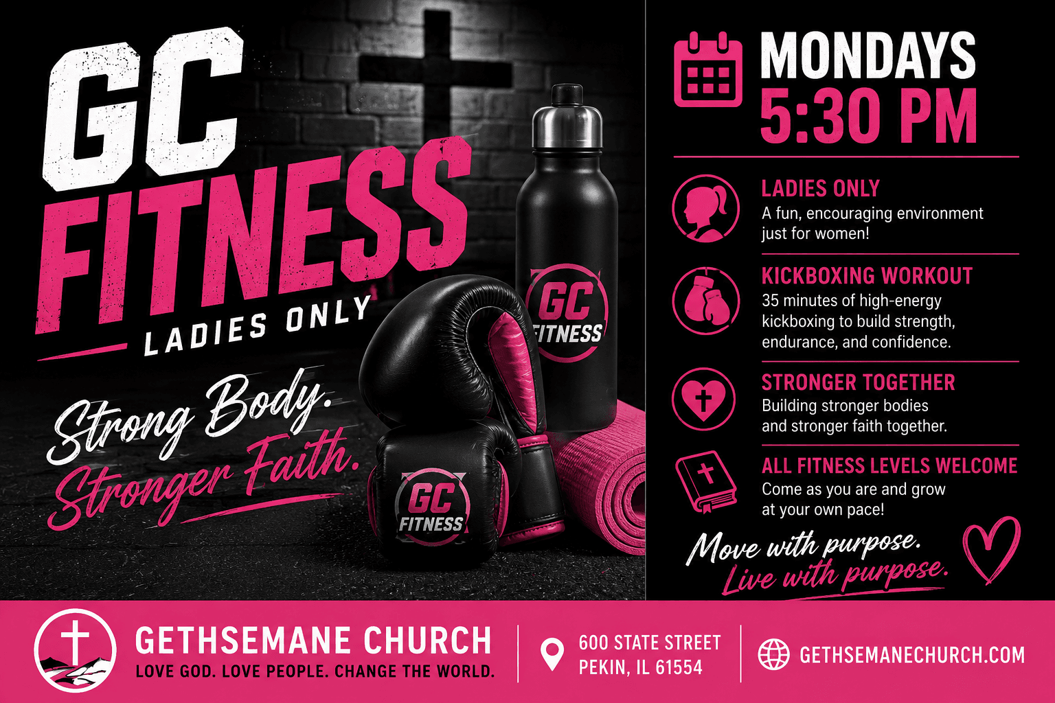 GC Fitness — Ladies Only event flyer at Gethsemane Church in Pekin Illinois