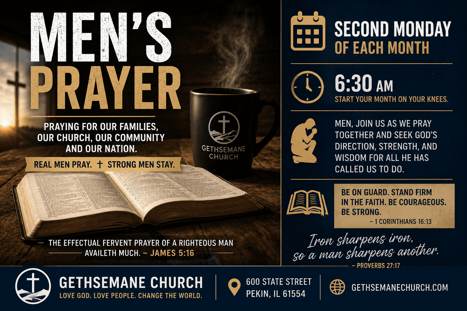 Men's Prayer event flyer at Gethsemane Church in Pekin Illinois