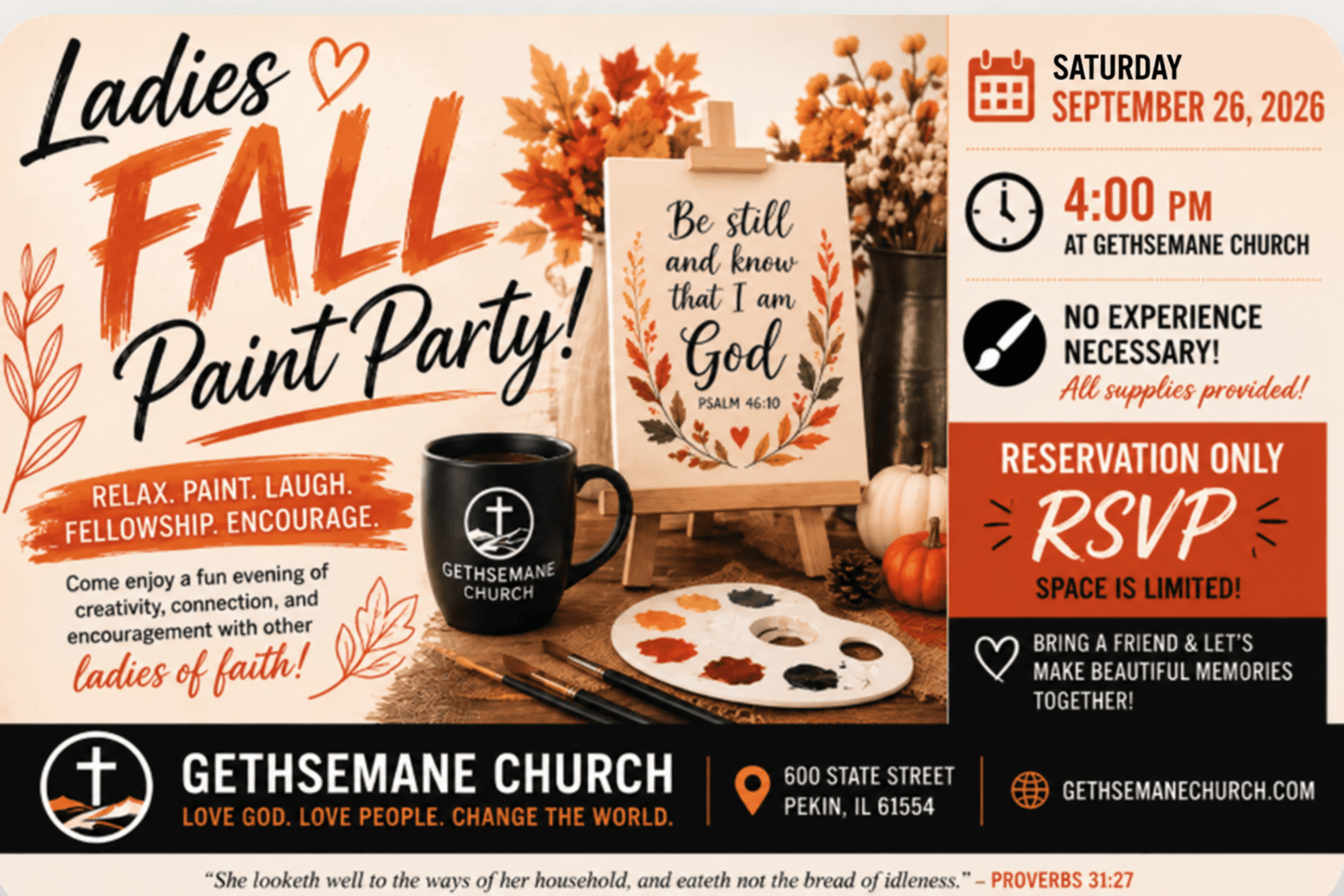 Ladies Fall Paint Party event flyer at Gethsemane Church in Pekin Illinois