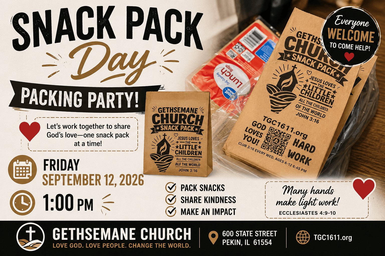 Snack Pack Day Packing Party event at Gethsemane Church in Pekin Illinois