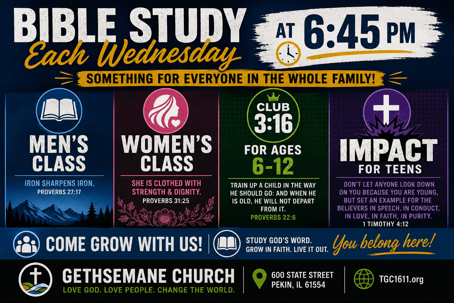 Wednesday Bible Study & Classes event flyer at Gethsemane Church in Pekin Illinois