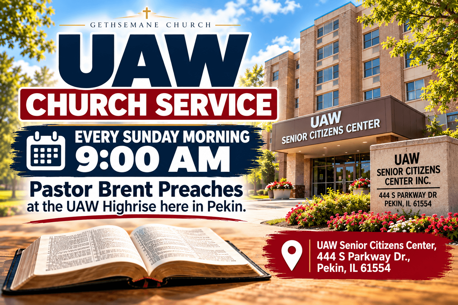 UAW Church Service event flyer at Gethsemane Church in Pekin Illinois