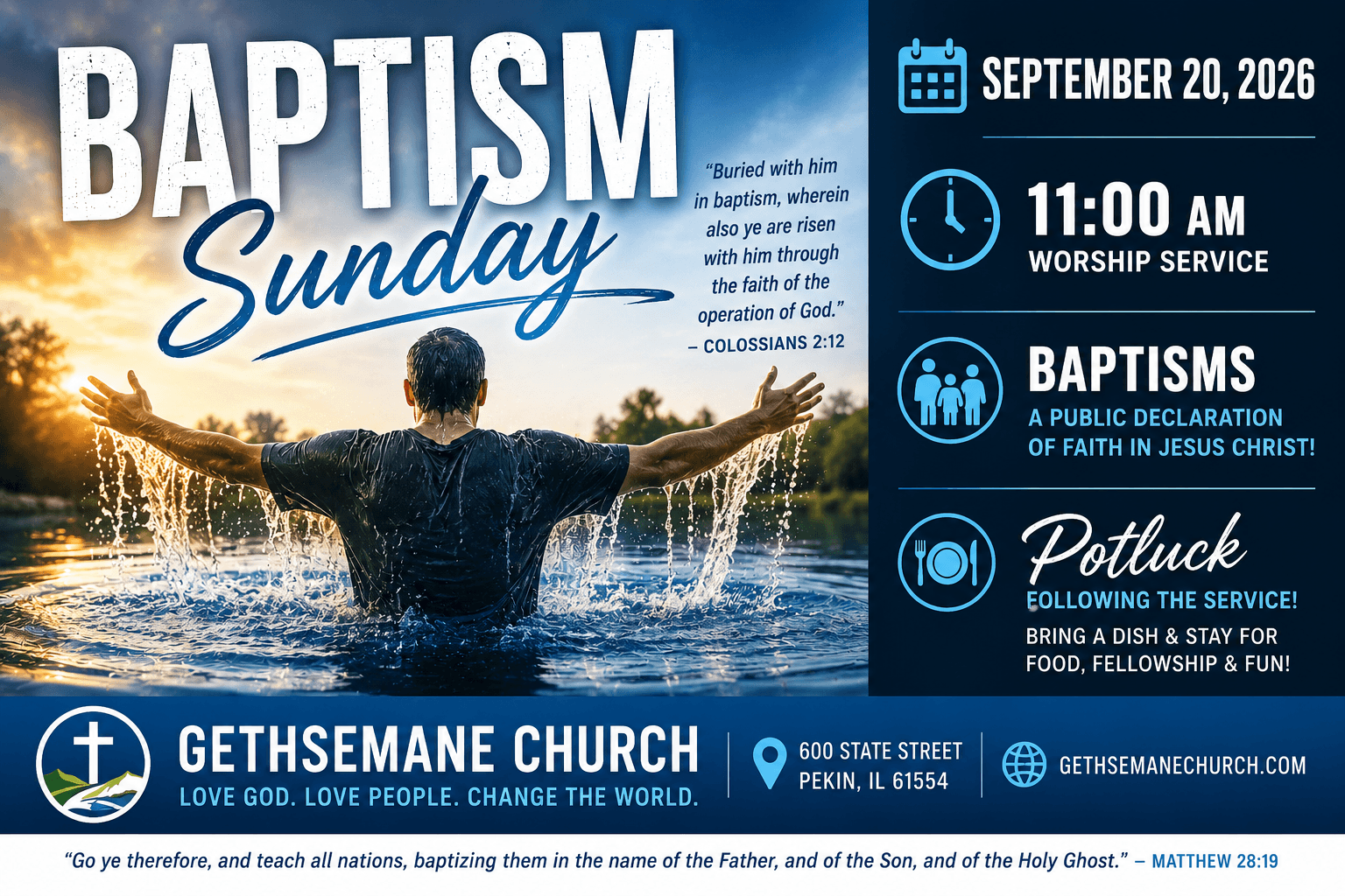 Baptism Sunday with Potluck event flyer at Gethsemane Church in Pekin Illinois
