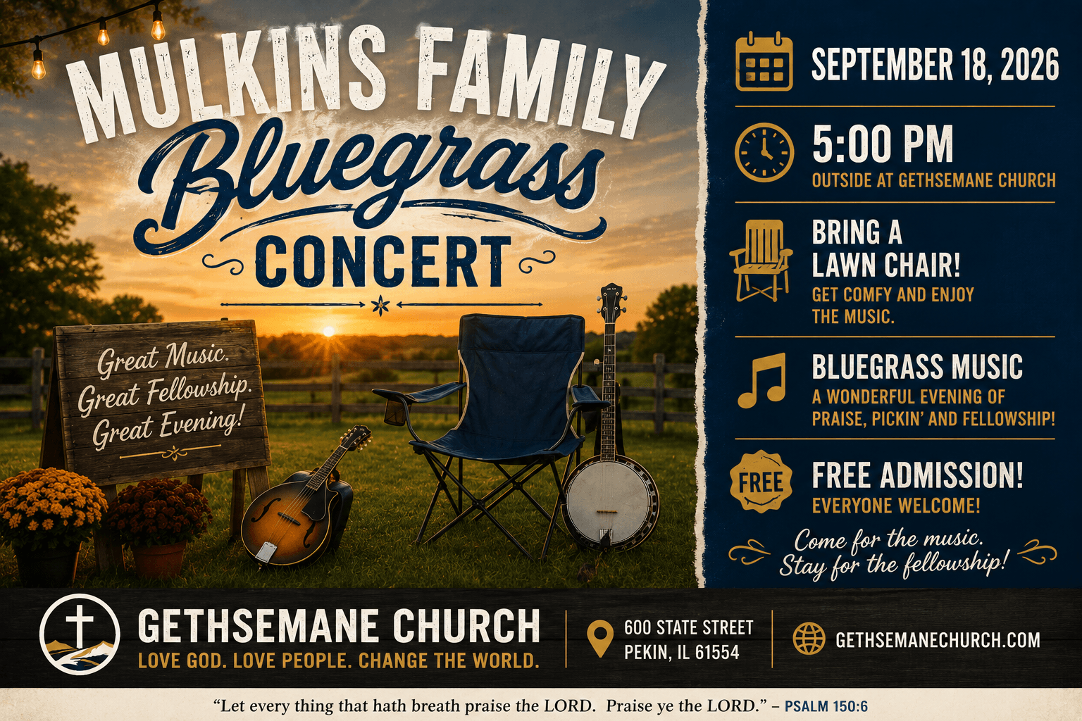 Mulkins Family Bluegrass Concert event at Gethsemane Church in Pekin Illinois