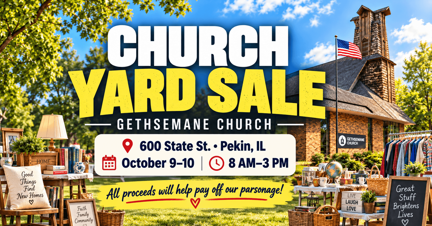 Gethsemane Church Community Yard Sale event flyer at Gethsemane Church in Pekin Illinois